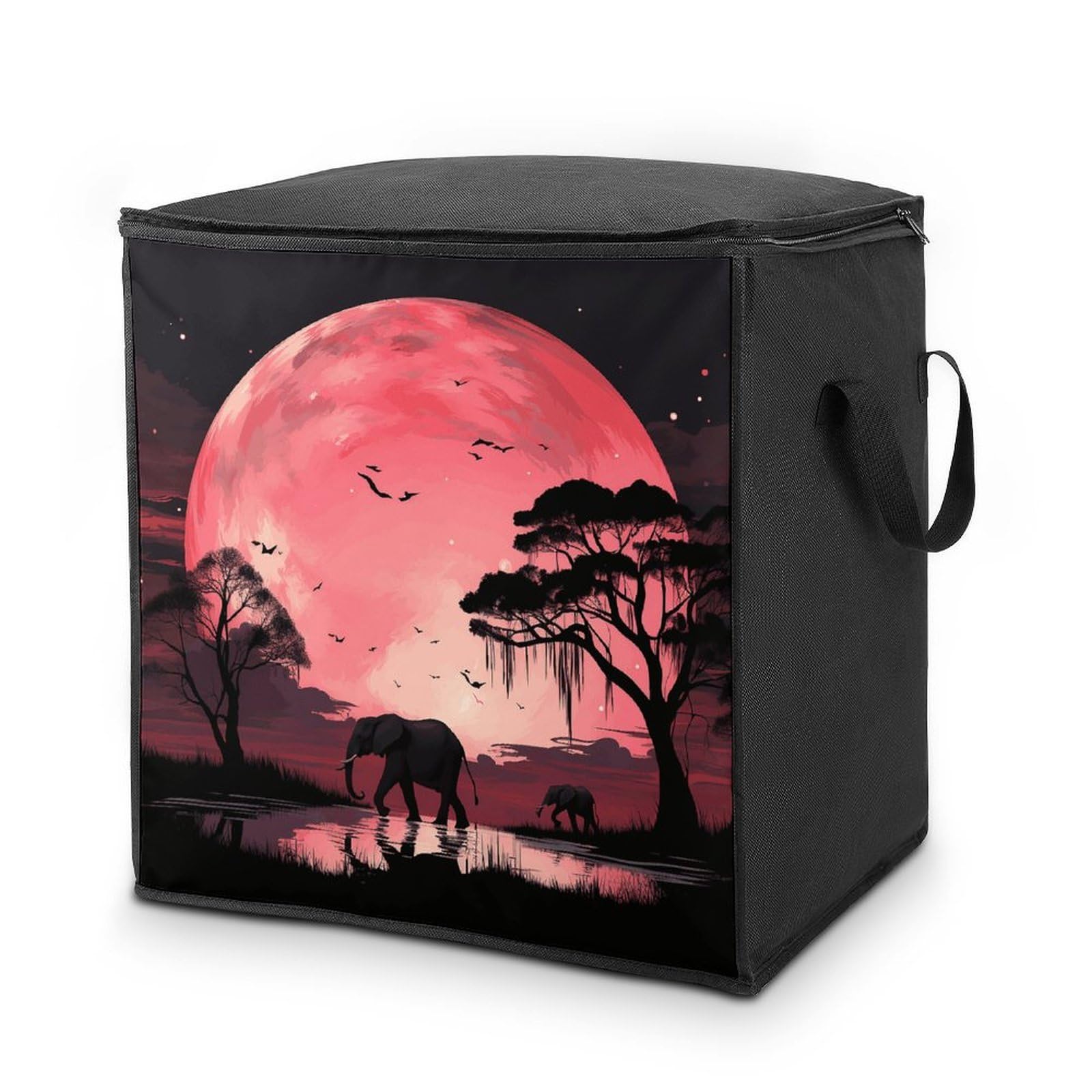 Pink Moon Elephant Storage Bag with Zippers And Handle Extra Large Bedding Comforter Storage Bag Foldable Blanket Storage Bags Fabric Moving Bags for Closet Organizer (70L)