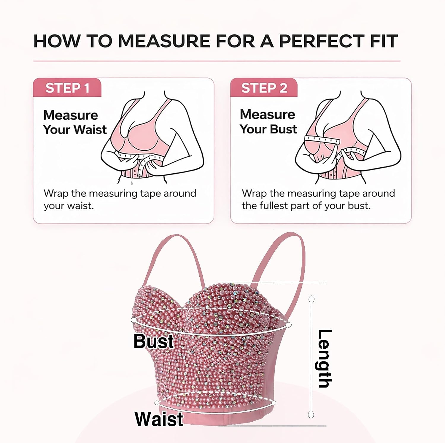 ELLACCI Sexy Pearls Beaded Rhinestone Bustier Crop Top Push up Corset Top with Detachable Straps Pink
