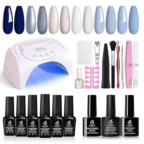 Beetles - Kit de esmalte de uñas de gel con luz LED UV de 48 W, secador de uñas, 6 colores con purpurina azul y gel blanco, kit todo en uno, juego