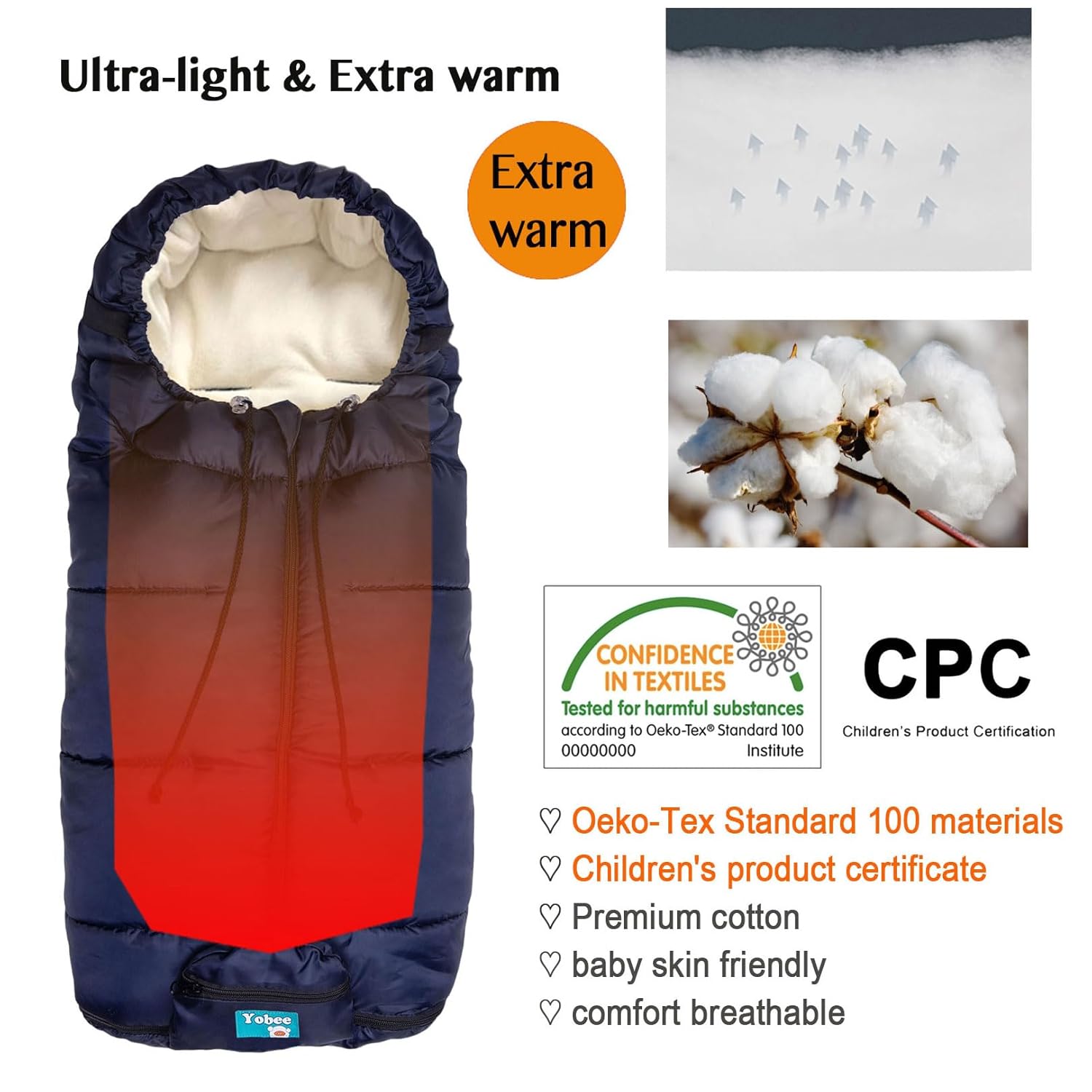 Yobee Universal Stroller Sleeping Bag, Toddler Size, Winter Outdoor Tour Waterproof Baby Bunting Bag, Center and Botton Open for Easy in & Out, Navy