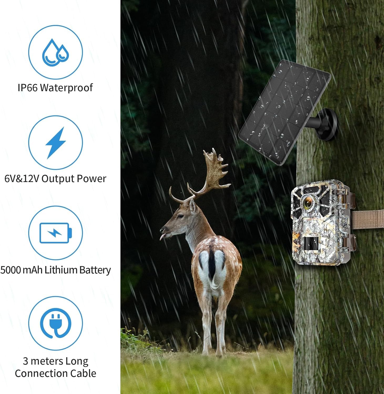 Solar Panel for Trail Camera, Solar Charger Kit with Built-in 5000mAh Rechargeable Lithium Battery - Output: 12V/1A, 6V/1.5A, IP66 Waterproof Portable Outdoor Power Supply Kit - 5