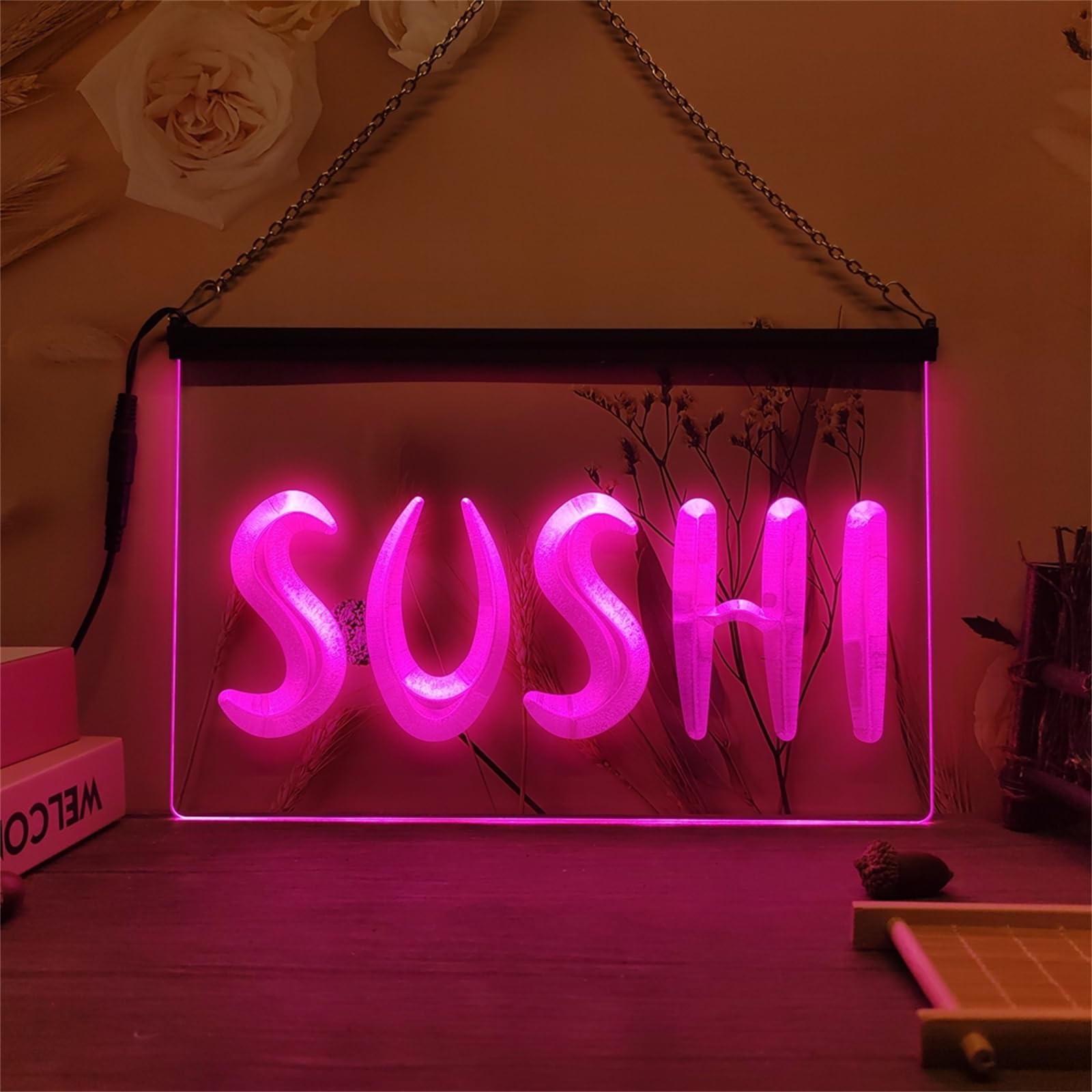 Restaurant Neon Sign, 24 Key Remote Control Dimming RGB LED Neon Lights for Wall Decoration USB Luminous Sign, 30X20cm,SUSHI