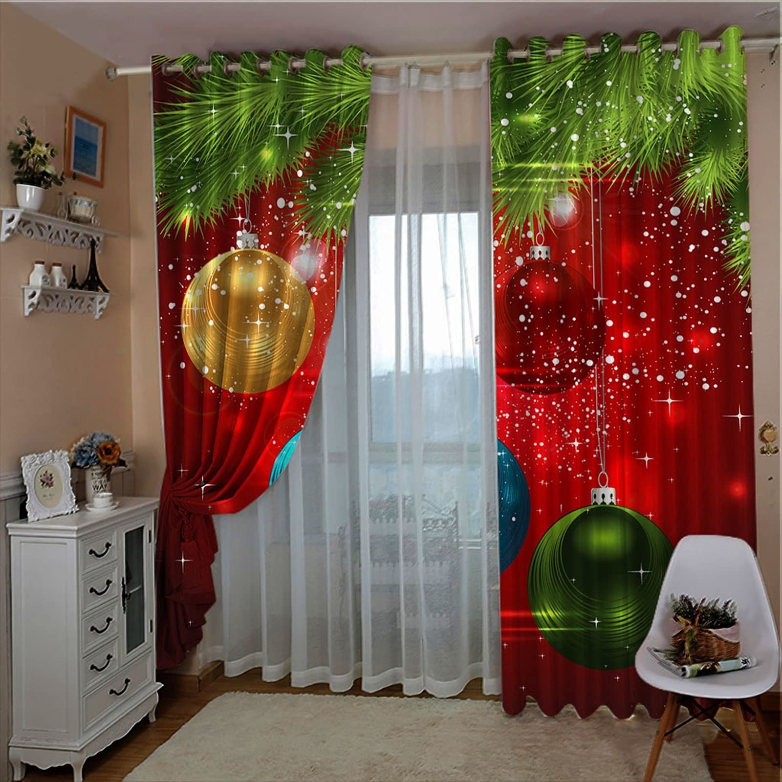 Drzewo z bombkami bożonarodzeniowymi zasłony do sypialni, zasłony do pokoju zaciemniające do sypialni, 2 panele, szer. 137 cm x dł. 183 cm