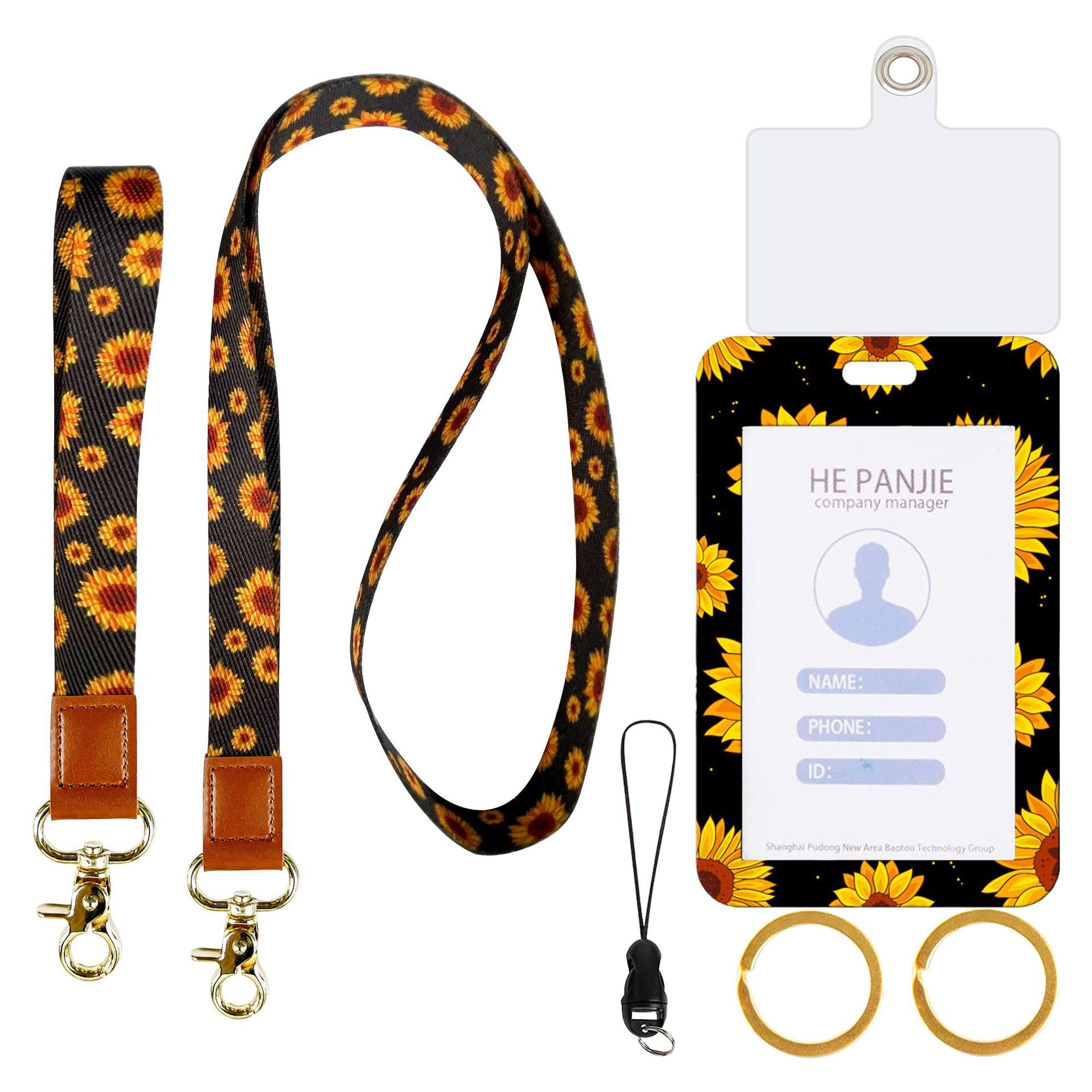 2 Set Lanyard for ID Badge and Keys, Thickened Polyester Webbing Leopard Print Cow Print Floral Print Card Sleeve PVC Transparent Phone Pad Hanging Rope(9 Sunflowers)