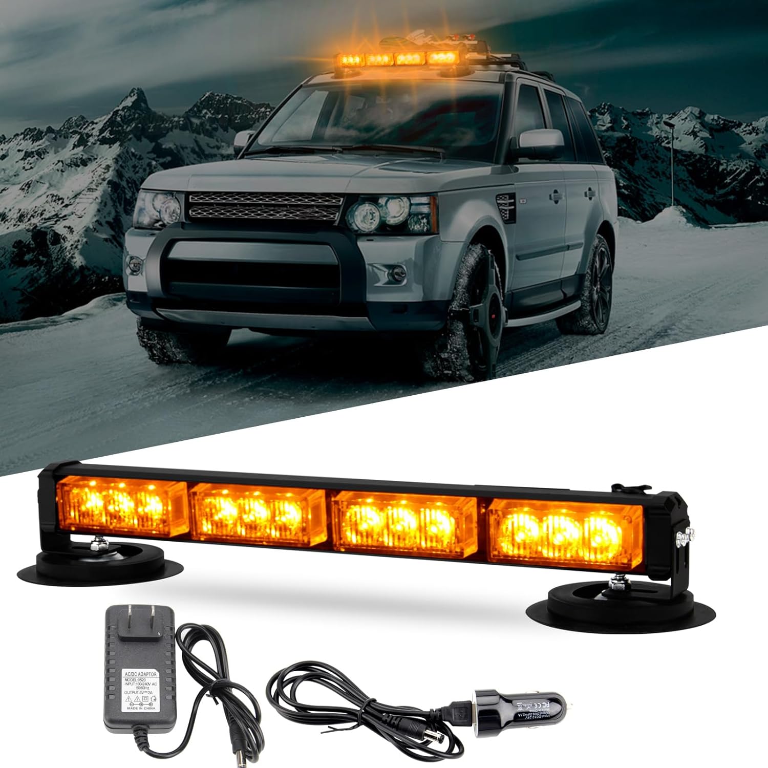 Rechargeable Emergency Strobe Light,12 LED Rooftop Emergency Hazard Strobe Light Bar w/Suction Cups, 17 Flash Modes for Safety Construction Vehicles Trucks Snowplow (4Led Amber)