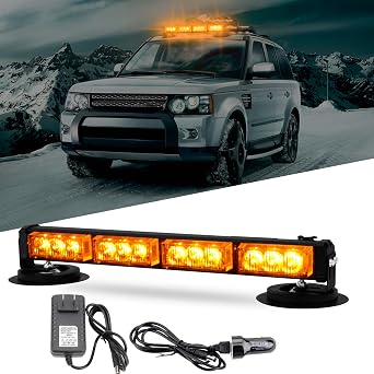 Rechargeable Emergency Strobe Light,12 LED Rooftop Emergency Hazard Strobe Light Bar w/Suction Cups, 17 Flash Modes for Safety Construction Vehicles Trucks Snowplow 4Led Amber