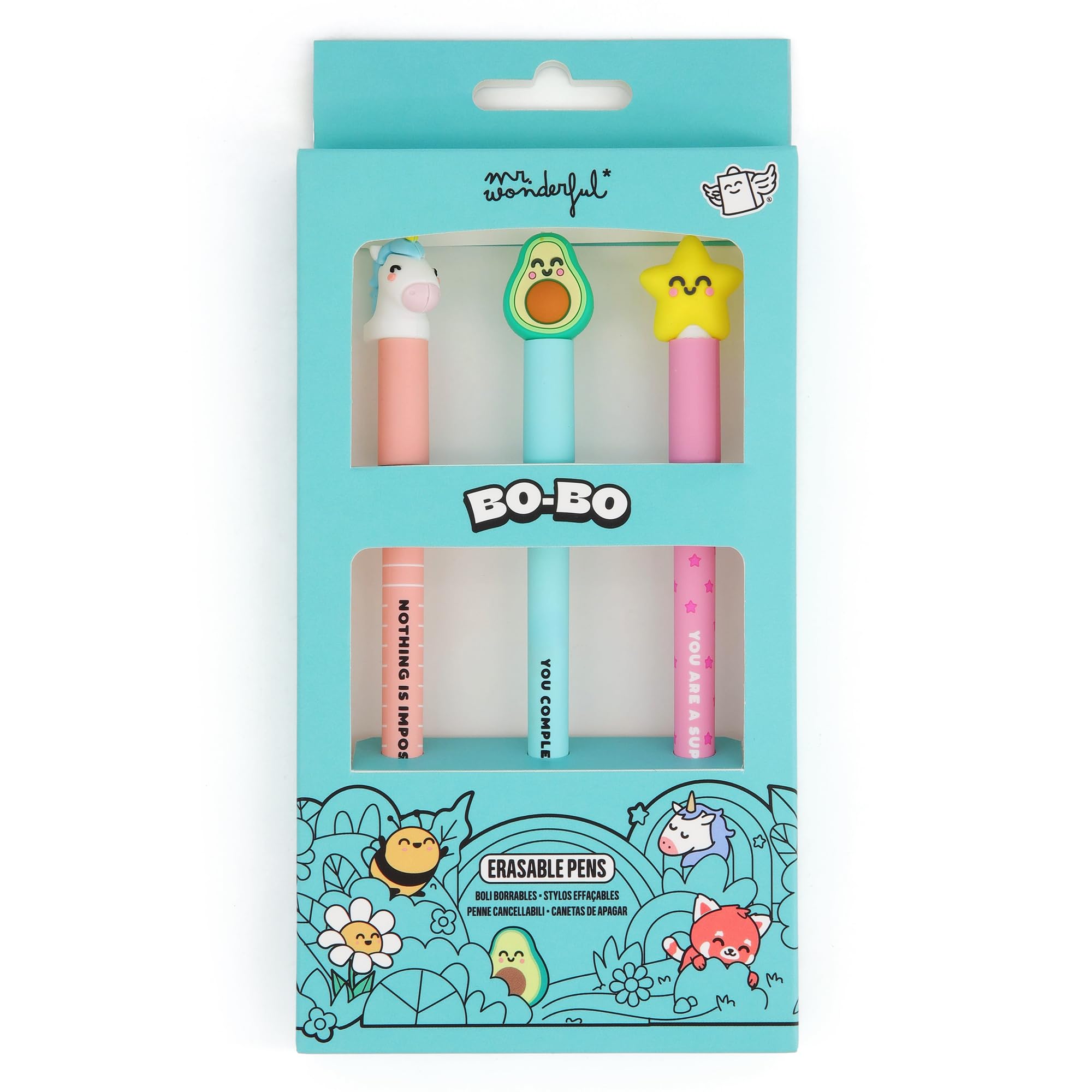 Mr. Wonderful - Set de 3 Bolis borrables Bo-Bo Estrella, Aguacate, Unicornio - Boli con tinta azul