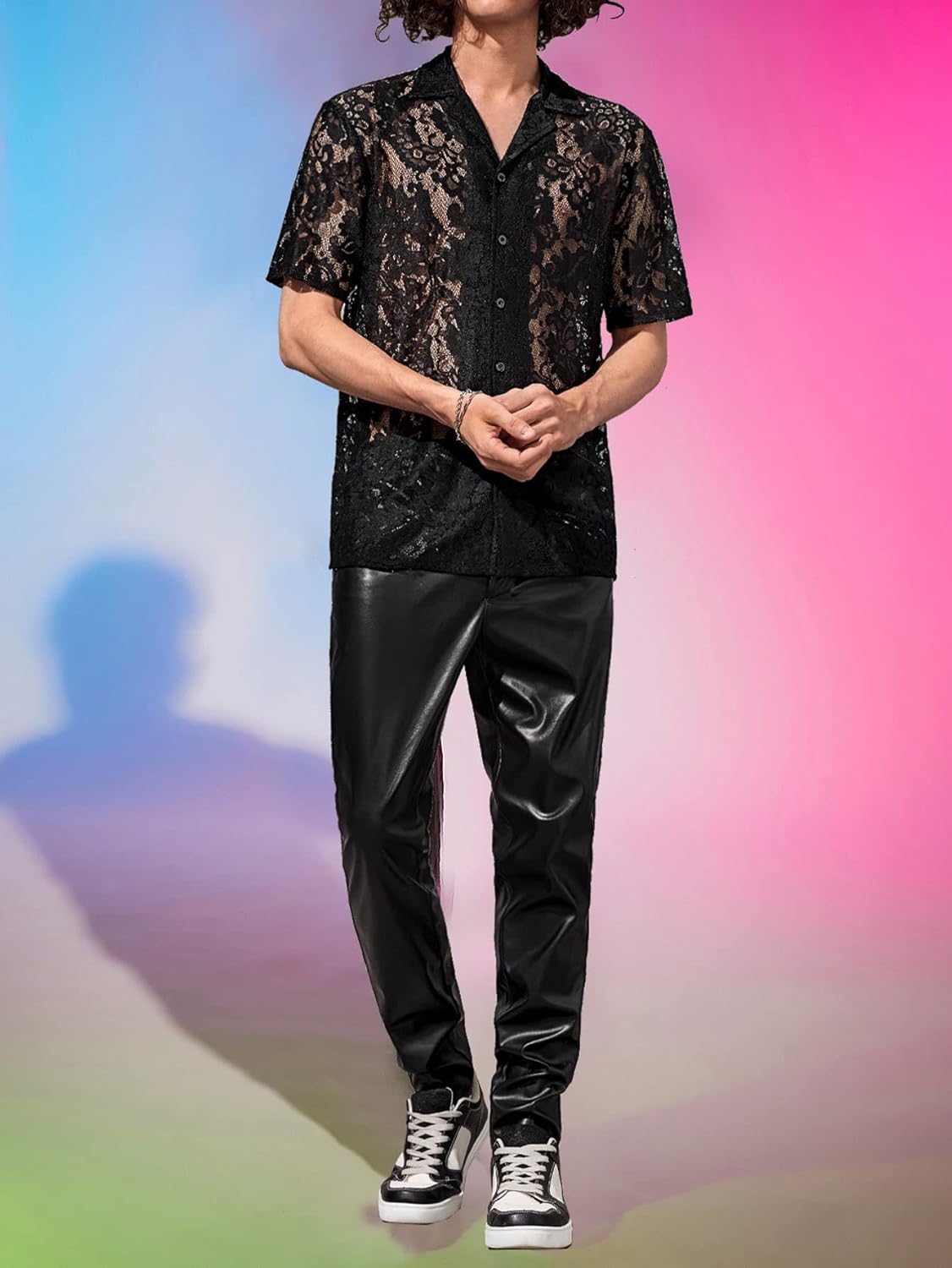 WDIRARA Men's Floral Lace Shirt Contrast Mesh Button Down Shirt Short Sleeve Blouse - Image 5