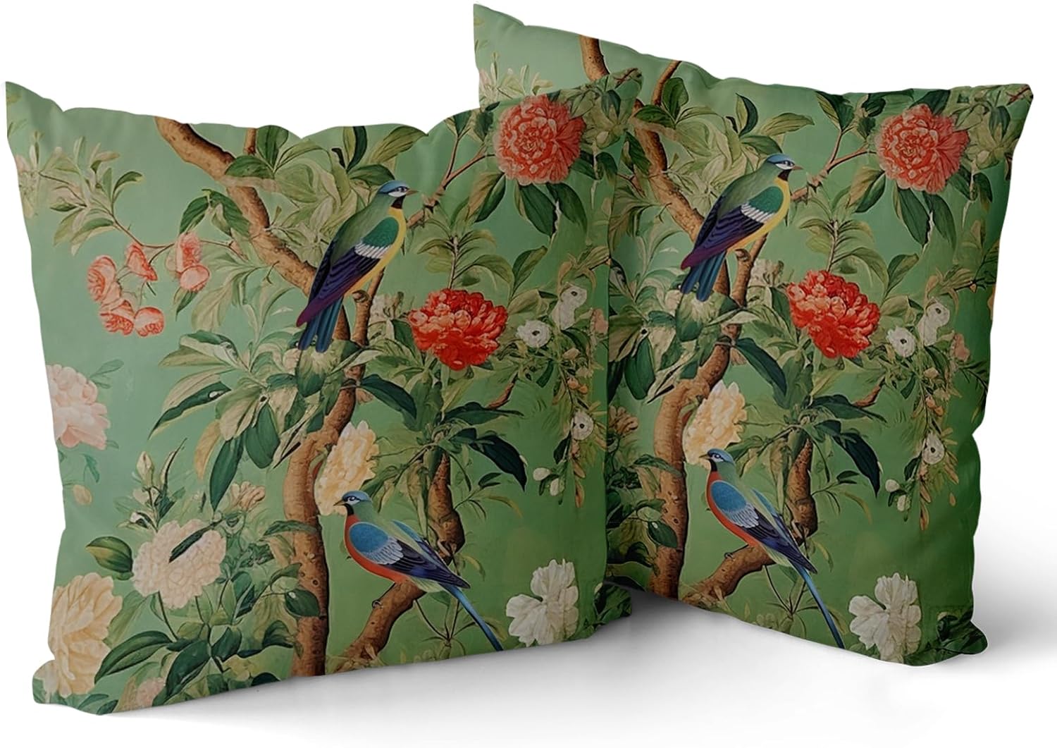 Green Chinoiserie Pillow Cover 20x20 Inch Vintage Bird Flower Throw Pillow Covers Farmhouse Floral Decorative Pillowcase Outdoor Cotton Square Cushion Cover for Couch Sofa Bedroom Decor (Pack of 2)