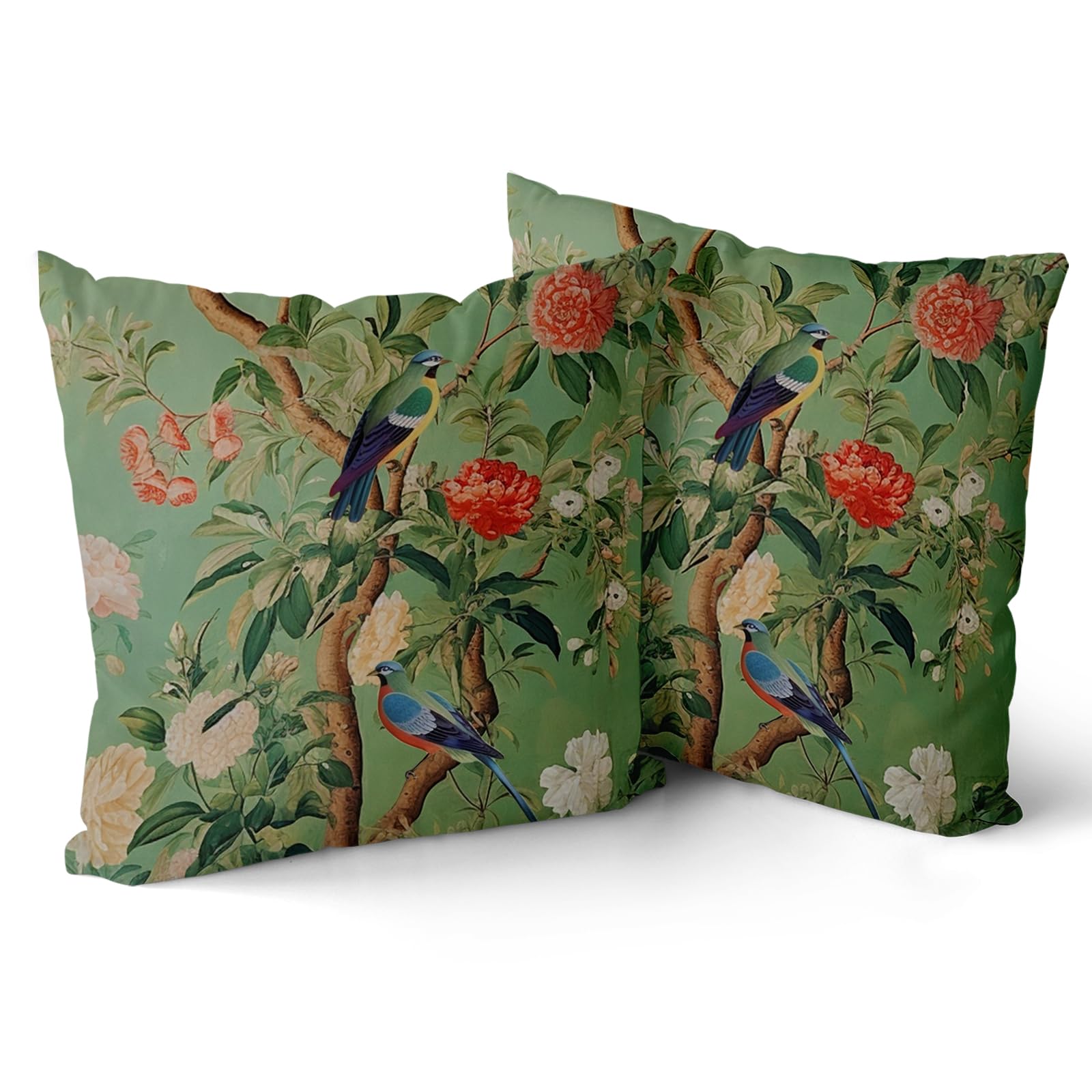 Green Chinoiserie Pillow Cover 16x16 Inch Vintage Bird Flower Throw Pillow Covers Farmhouse Floral Decorative Pillowcase Outdoor Cotton Square Cushion