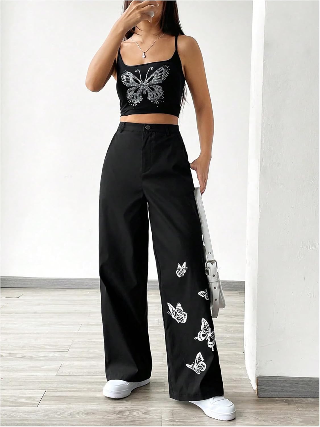 SweatyRocks Women's Wide Leg Baggy Pants Butterfly Print High Waisted Casual Trousers with Pocktes