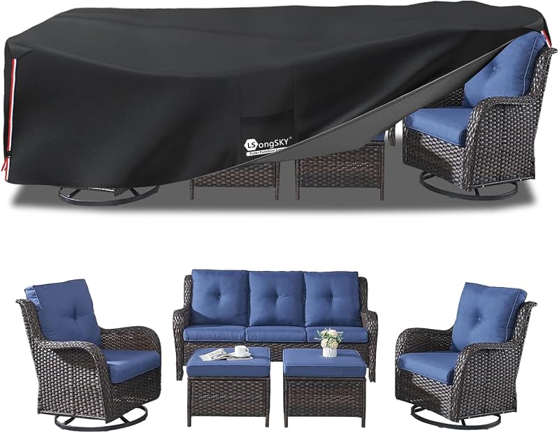 Outdoor Furniture Covers Waterproof,600D Heavy Duty Patio Furniture Covers for 6/7/8 PCS Sets Sectional Sofa Couch Rocking Swivel Chairs Ottomans Coffee Table,111L x 74W x 28H inch Black