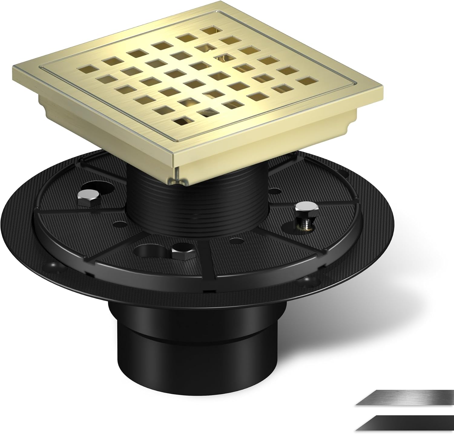 Brushed Gold 6 Inch Square Floor Drain, SUS304 Stainless Steel Flange Shower Hair Strainer with Removable Grid Cover