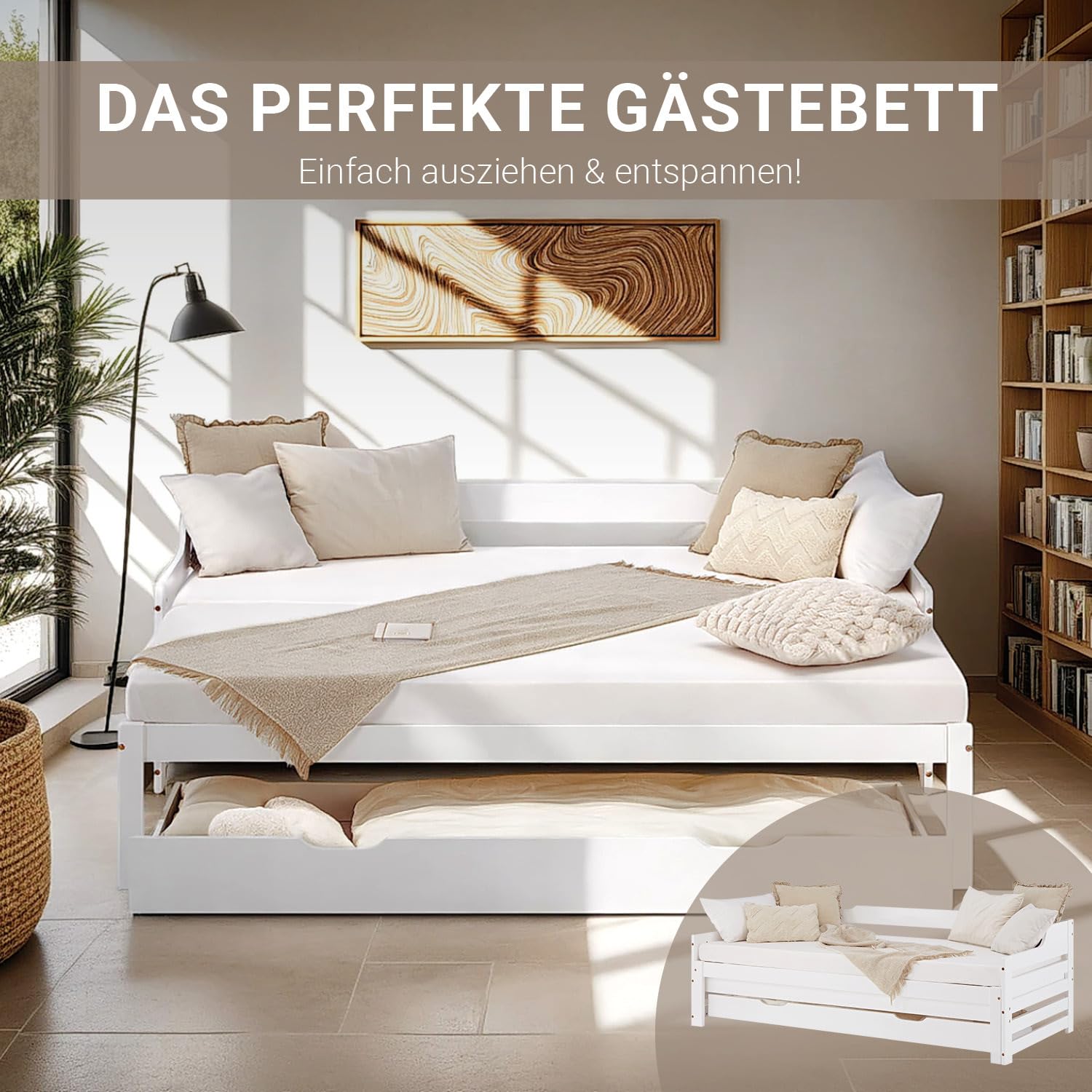 Homestyle4u Kinderbett 90x200 Ausziehbar - Holzbett Weiss mit Schublade | Massives Kiefernholz Tagesbett, Ausziehbett auf 180x200 Doppelbett, inklusive Lattenrost & Stauraum Funktionsbett