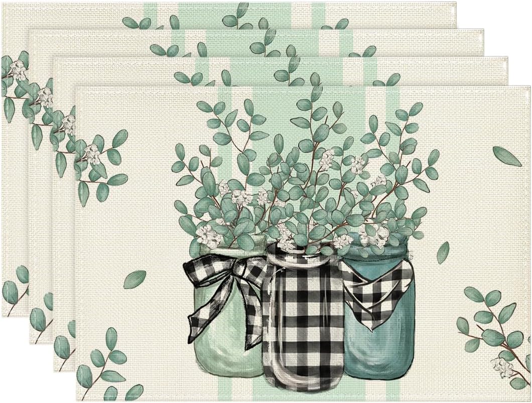 Artoid Mode Eucalyptus Buffalo Plaid Spring Placemats Set of 4, 12x18 Inch Durable Polyester Table Mats for Dining Parties