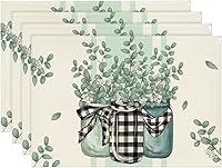 Artoid Mode Eucalyptus Buffalo Plaid Spring Placemats Set of 4, 12x18 Inch Durable Polyester Table Mats for Dining Parties