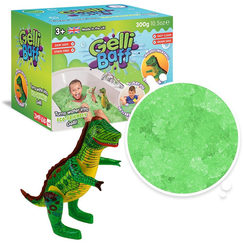 ZIMPLI - Gelli Baff Green with Inflatable Dinosaur, 1 Bath or 6 Play Uses, Magically turns water into thick, colourful goo, Dino Toys for Boys