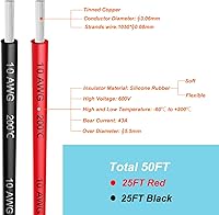 Vista 2 de Cables eléctricos de silicona de 10 AWG de 5,2 mm² de 50 pies [25 pies negro y rojo de 25 pies] calibre 10 600 V suave y flexible Engánchate Cable