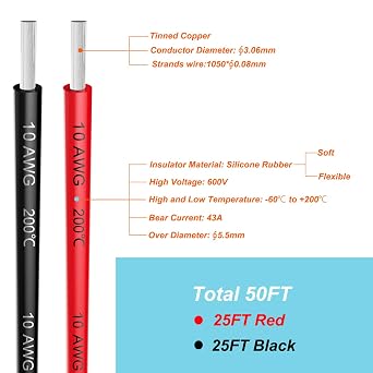 Haerkn 10awg 5.3mm² Silicone Electrical wire Cable 2 Colors 26ft each Spool