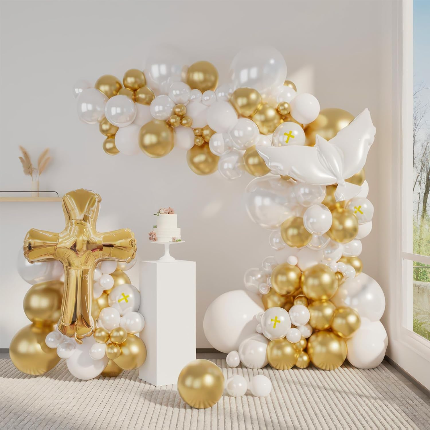 First Communion Decorations 128Pcs Balloon Garland Arch Kit white gold pearlescent white Balloons with Cross Balloon for God Bless Christening Baptism Party Baby shower Supplies