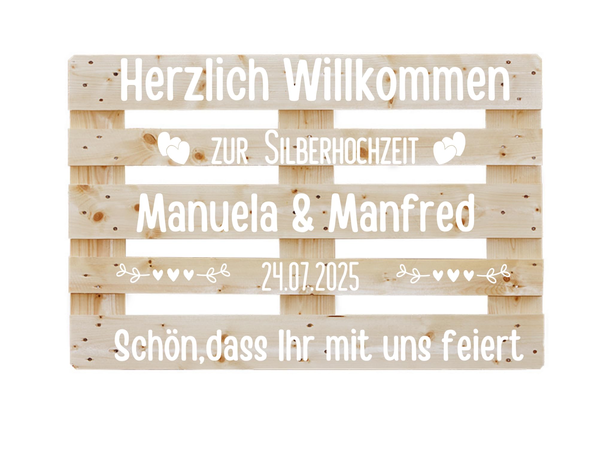 Aufkleber für Palette Silberhochzeit,Palettenaufkleber personalisiert mit Namen und Datum für 25 Jahre Ehe in Schwarz oder Weiß, Klebeschrift für Europalette, Diy Hochzeitspalette, Klebeschrift