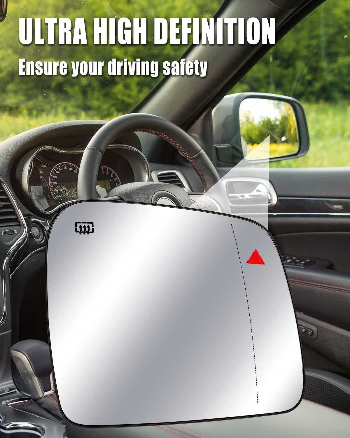 Right Passenger Side Heated Mirror Glass Replacement Fit for Dodge Durango Jeep Grand Cherokee 2011-2021, Defrost and Fog with Rear Holder