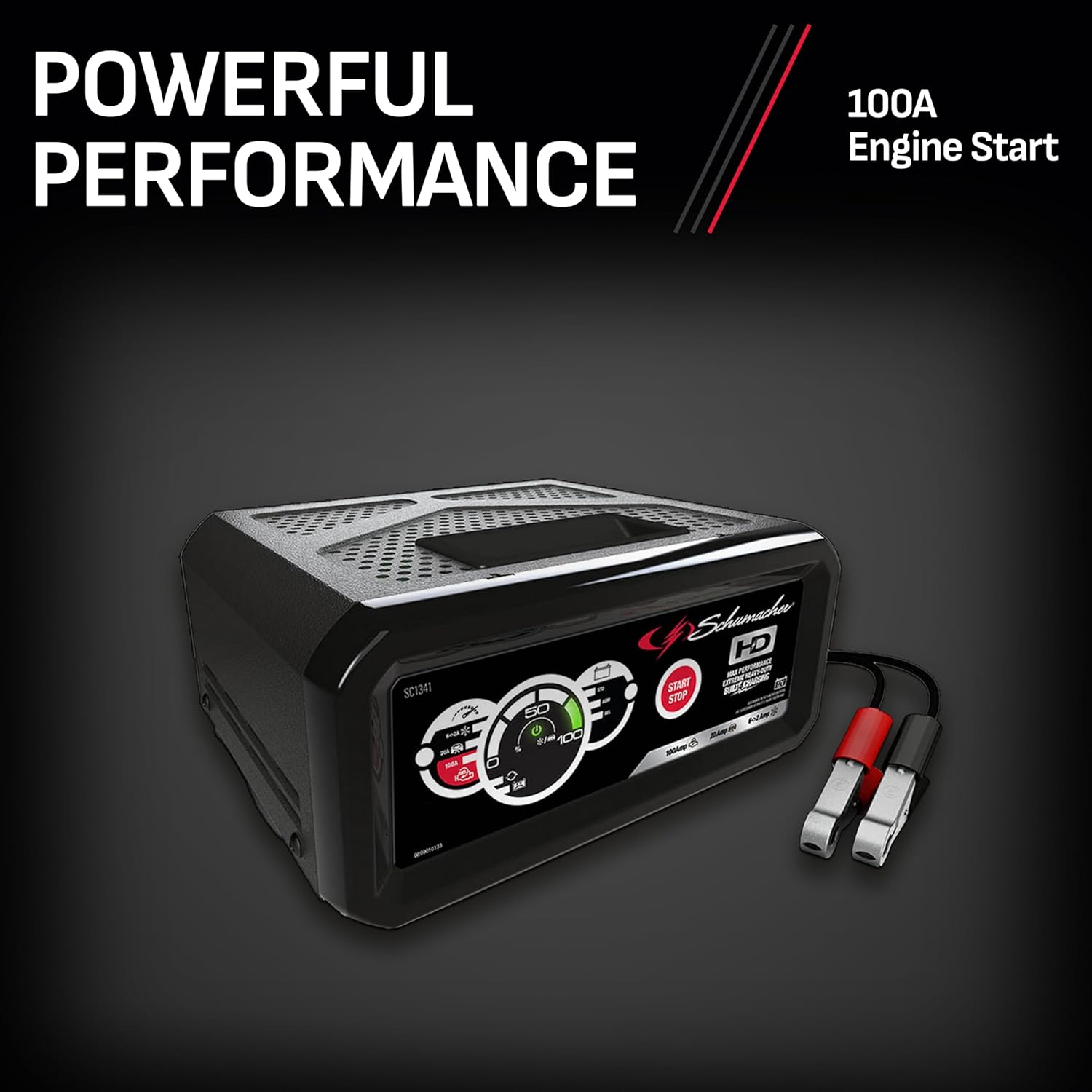 Schumacher SC1341 unit connected to a car battery under the hood, demonstrating its powerful 100A engine start capability.