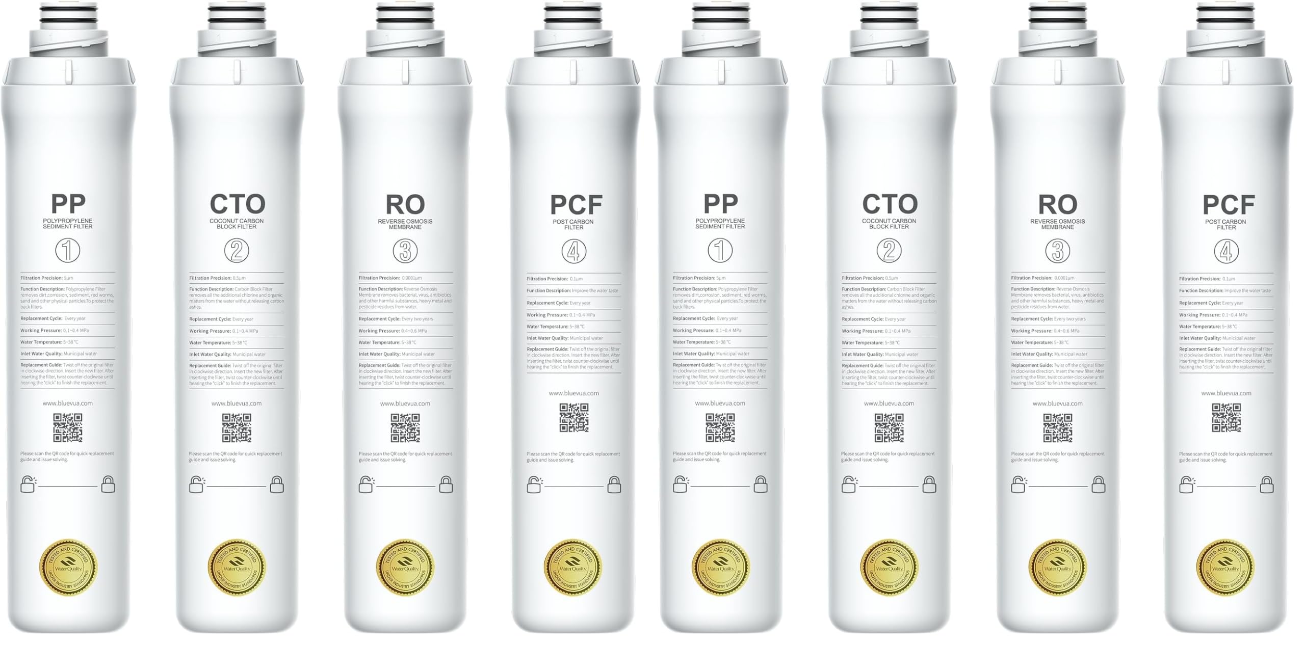 Bluevua Official RO100ROPOT 8-Pack Replacement Filter Set, Pack of 1 PP Filter and 1 CTO Filter and 1 RO Filter and 1 PCF Filter