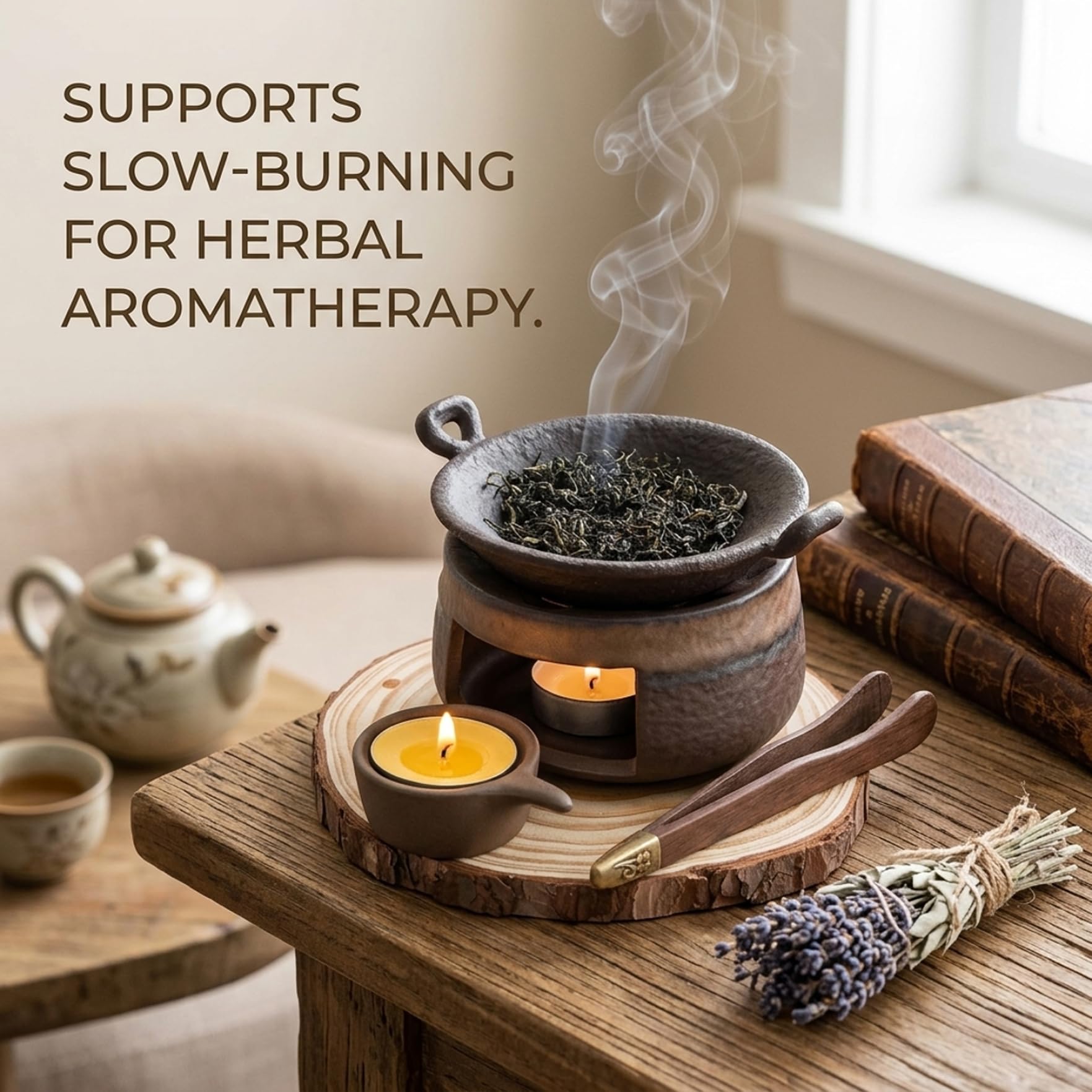 Quemador de Incienso de cerámica, Calentador de Aceite Esencial de cerámica Hecho a Mano con tapete de Pino y Pinzas, Doble Uso para derretir Cera y Calentar té, decoración del hogar Zen para relajac