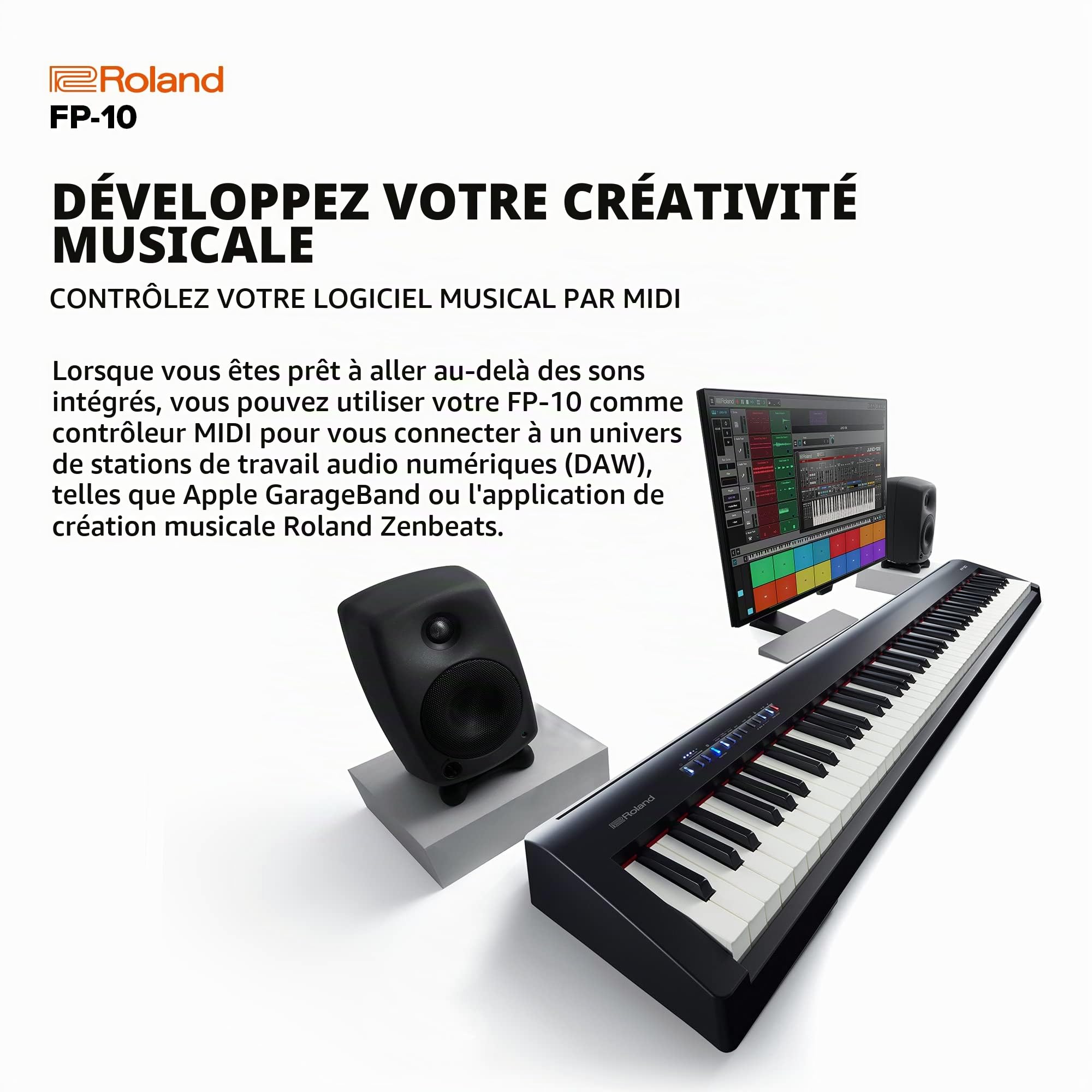 Piano numérique FP-10 Roland, 88 notes, portable, idéal pour la maison, noire & M-Audio SP-2 - Pédale de sustain universelle avec action de type piano, l'accessoire idéal pour les claviers MIDI