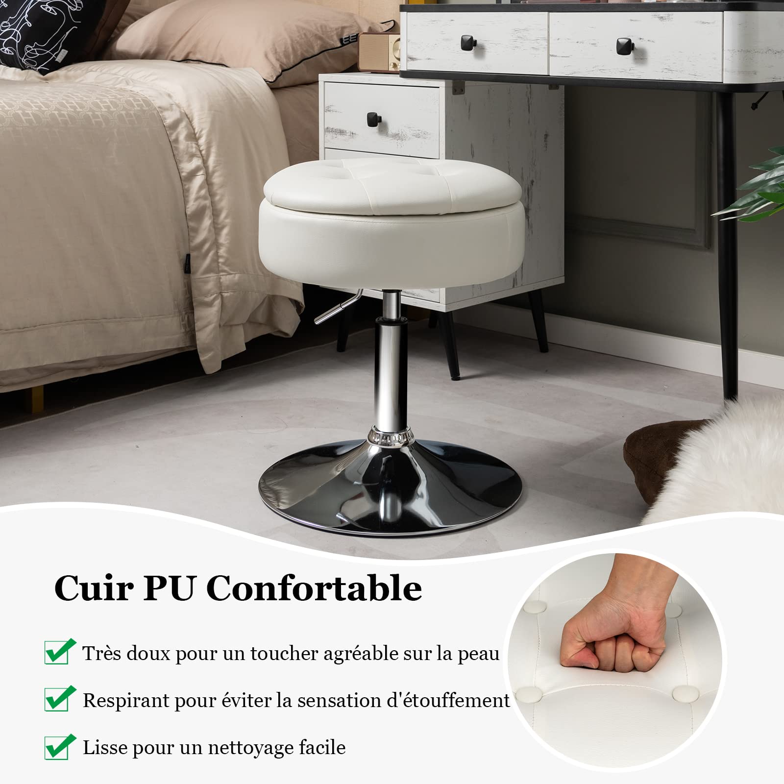 COSTWAY Tabouret de Bar Pivotante à 360°, Couvercle Amovible Rangement Caché, Hauteur Réglable 51 - 66 CM pour Salon, Bureau, Blanc | Rakuten