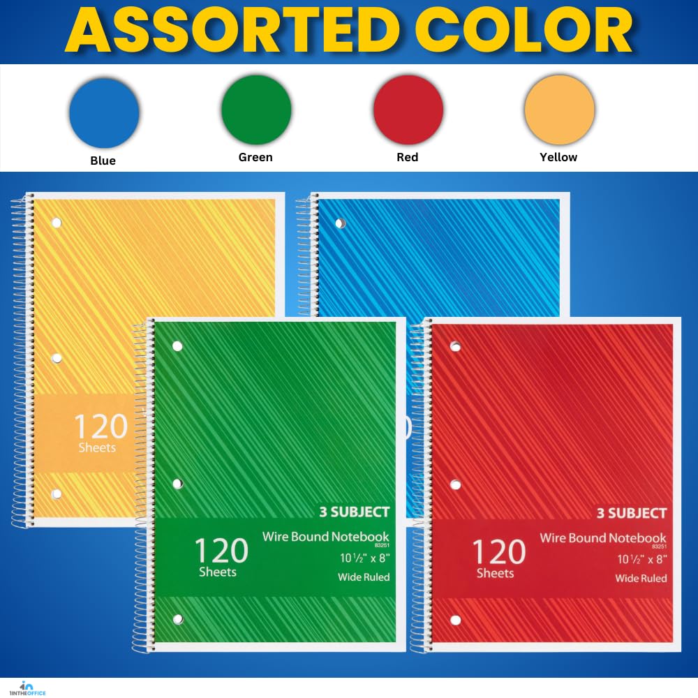 1InTheOffice Cuaderno en espiral con rayas universitarias de 11 x 8, cuadernos de 3 materias, cuadernos de espiral encuadernados con alambre, 120 hojas, colores surtidos, paquete de 4