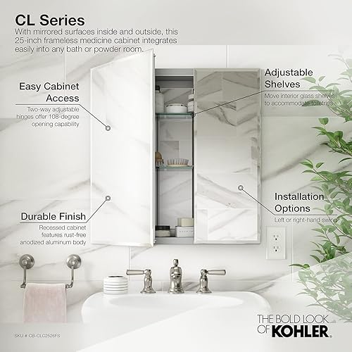 Miniatura 5 de KOHLER CB-CLC2526FS CLC - Plano 25 pulgadas de ancho x 26 pulgadas de alto dos botiquines con puertas espejadas bordes biselados aluminio anodizado