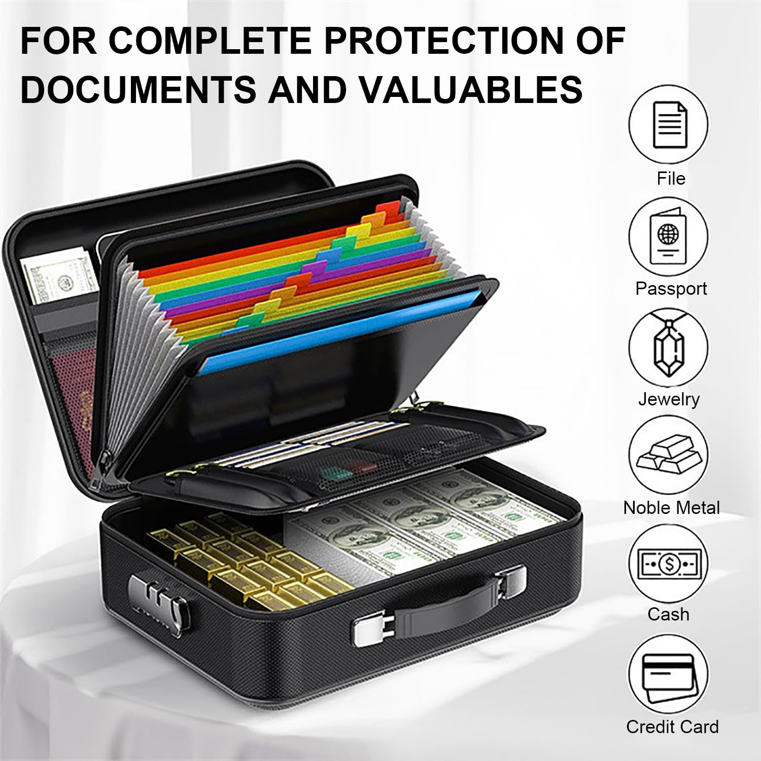 Caja de Documentos Ignífuga,Funda Rígida para Documentos con Cerradura de Combinación y 13 Compartimentos,5200°F Mejorado con Aislamiento Térmico, Caja de Almacenamiento Ignífuga e Impermeable