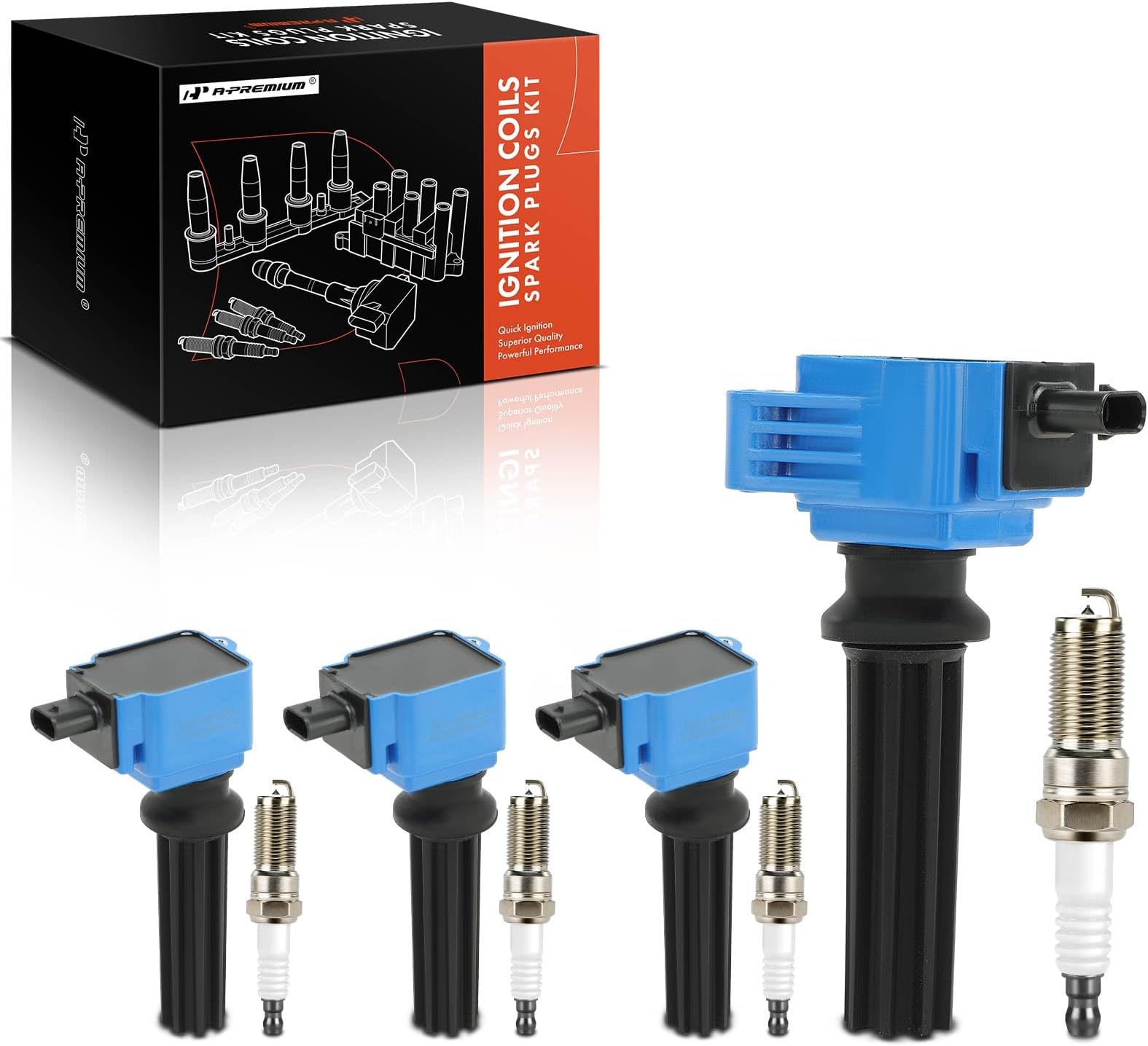 A-Premium Ignition Coil Pack and Iridium Spark Plugs Compatible with Ford Focus 2.0L/2.3L 2012-2019, Escape 2.0L 2013-2019, Mustang 2.3L 2015-2023 & Lincoln MKZ 2.0L Turbo 2013-2020 - Blue, Set of 4