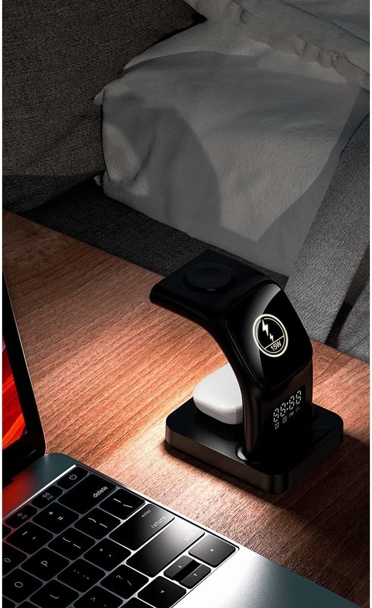Carregador Sem Fio 5 Em 1 Para iPhone, Para Apple Watch e Para AirPods Estação de Carregamento Rápido Com Relôgio, Despertador e Luz Noturna (Preto) Carregador Sem Fio 5 Em 1 Para iPhone, Para Apple Watch e Para AirPods Estação de Carregamento Rápido Com Relôgio, Despertador e Luz Noturna (Preto)