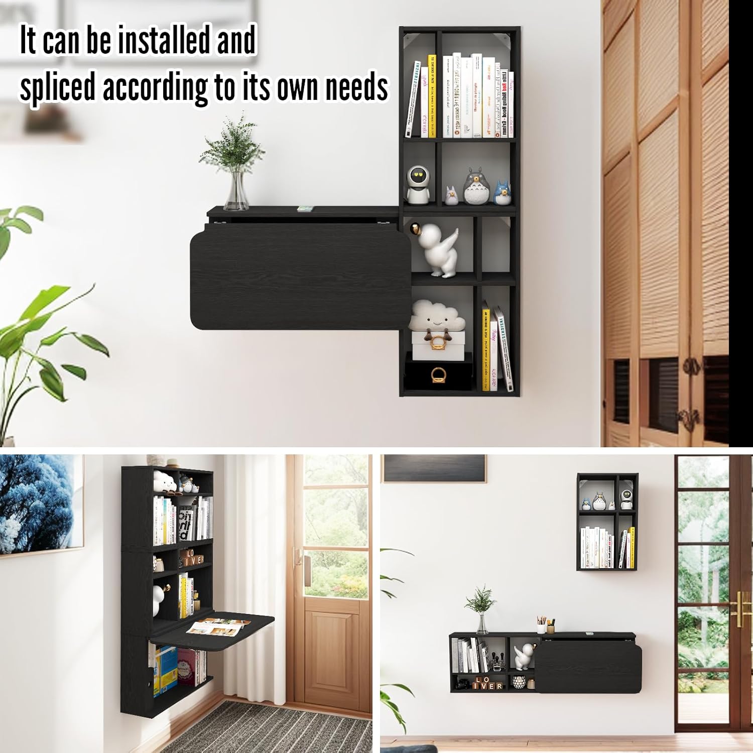 Floating Desk with Storage Shelves, 82'' Wall Mounted Desk Laptop Writing Study Table, Folding Drop Leaf Table, Multifunctional Computer Workstation for Narrow Small Space