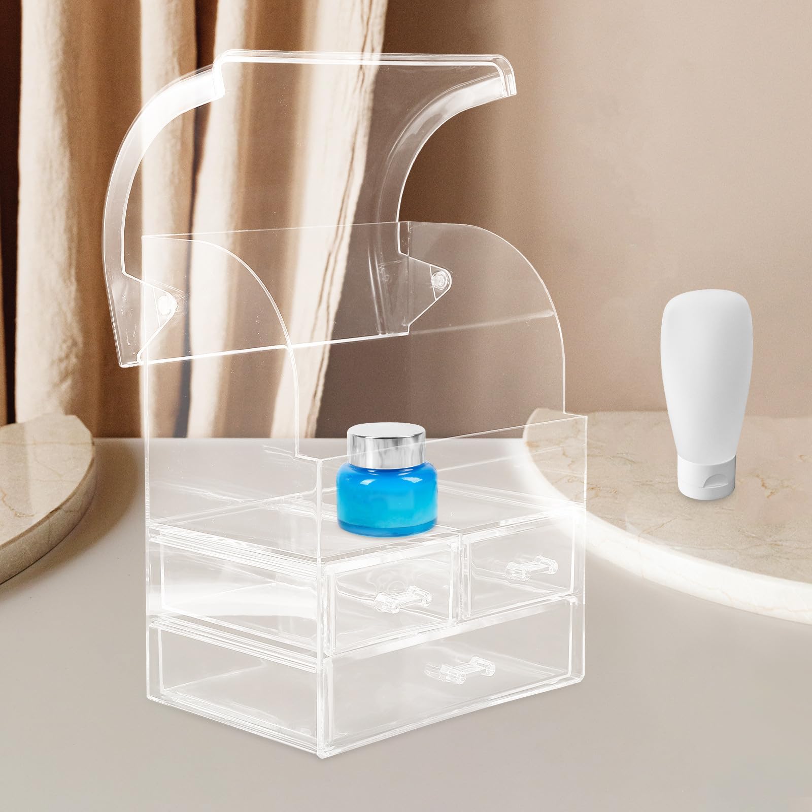 TEHAUX Eleganter Make Up Organizer mit Schubladenregal aus Ps für Schminktisch Große Fächer und Mehrere Kleine Schubladen zur Einfachen Kosmetik und Hautpflegeaufbewahrung zu Hause