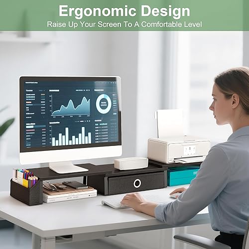Miniatura 5 de Soporte elevador de doble monitor con cajón y pata de metal, elevador grande para monitor de computadora con almacenamiento para 2 monitores,