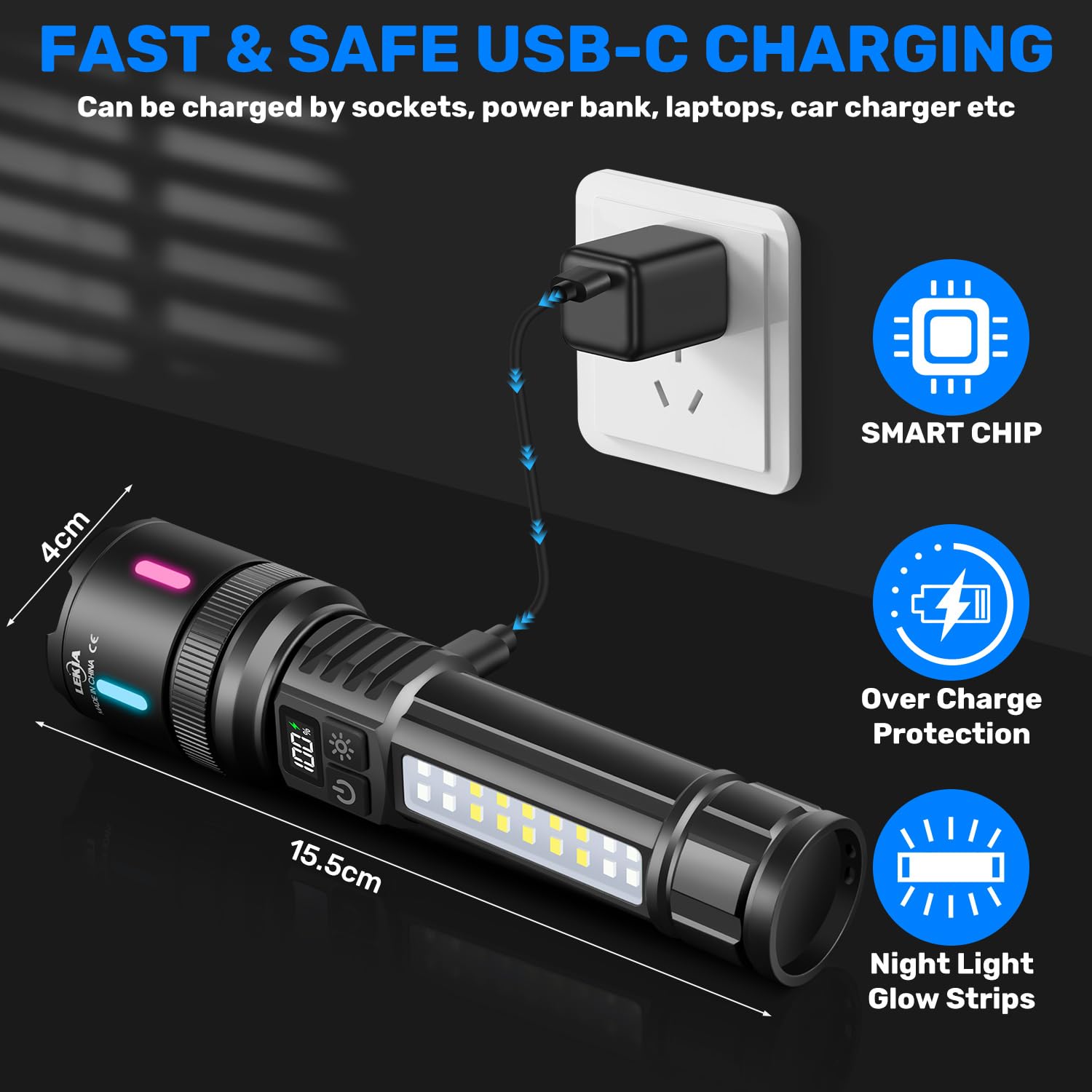 LEKIA Lampe Torches Ultra Puissante 100000LM, Rechargeables USB-C Lampe de Poche LED Simples Modes/7 Modes, Batterie 3000mAh Longue Durée 10 Heures, Idéales pour Camping, Randonnée, Lot de 2