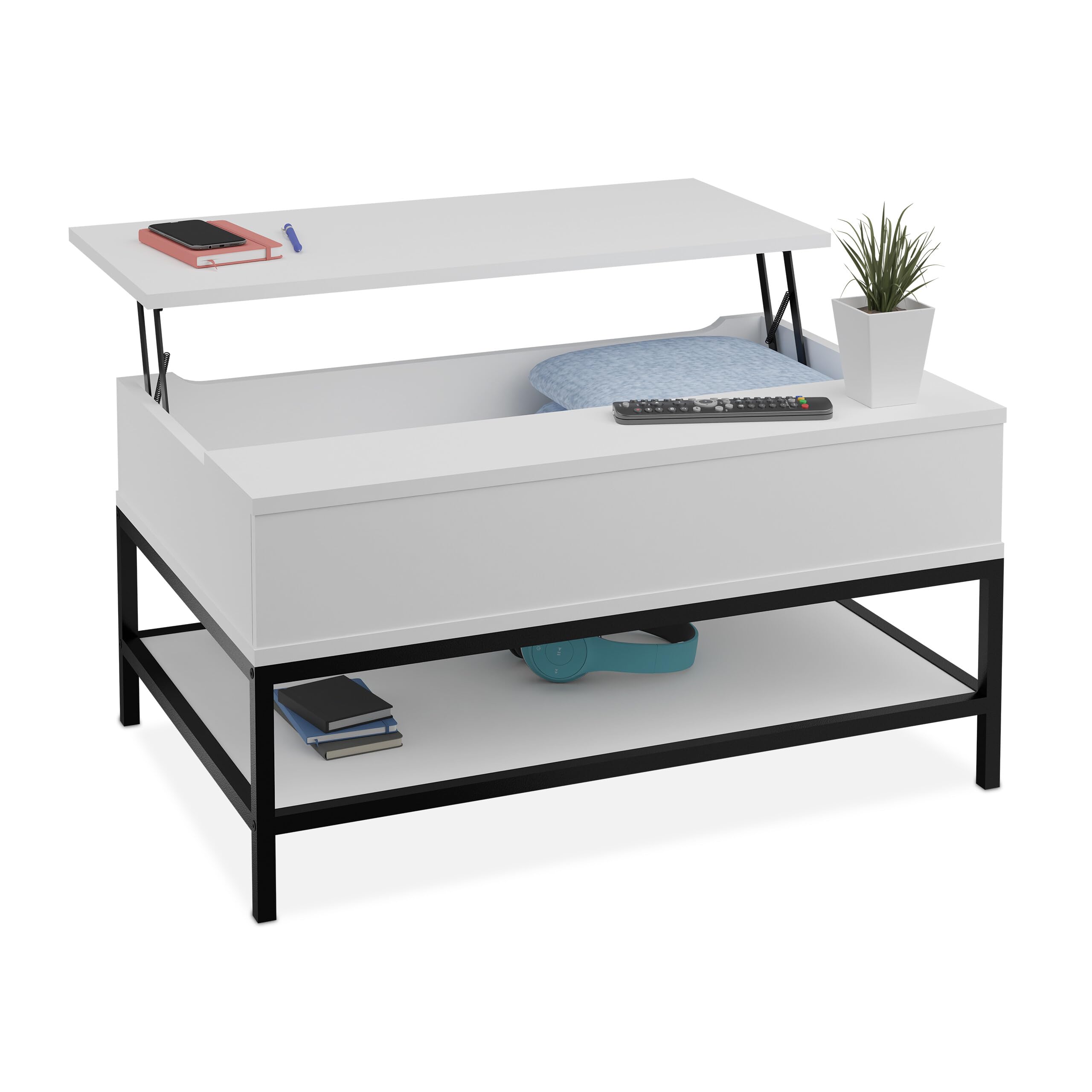 Relaxdays Mesa de Centro con Tablero Elevable, con Estante, Estilo Madera, 45,5 x 90 x 60 cm, Blanco y Negro