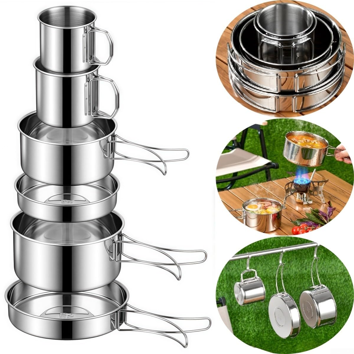 Set da 6 pezzi per cucinare all'aperto, in acciaio inox, da campeggio, con pentole pieghevoli per viaggi zaino in spalla