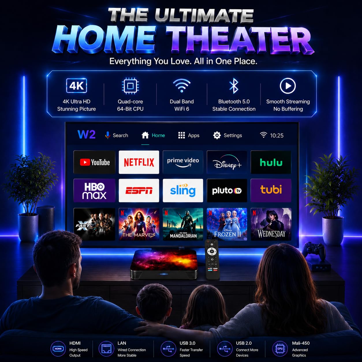 Android TV Box 14 4Go RAM 64Go ROM, procesador de Cuatro núcleos, WiFi 6, Bluetooth 5.0, HDMI y USB 2.0, USB 3.0, Puerto LAN, Caja de TV