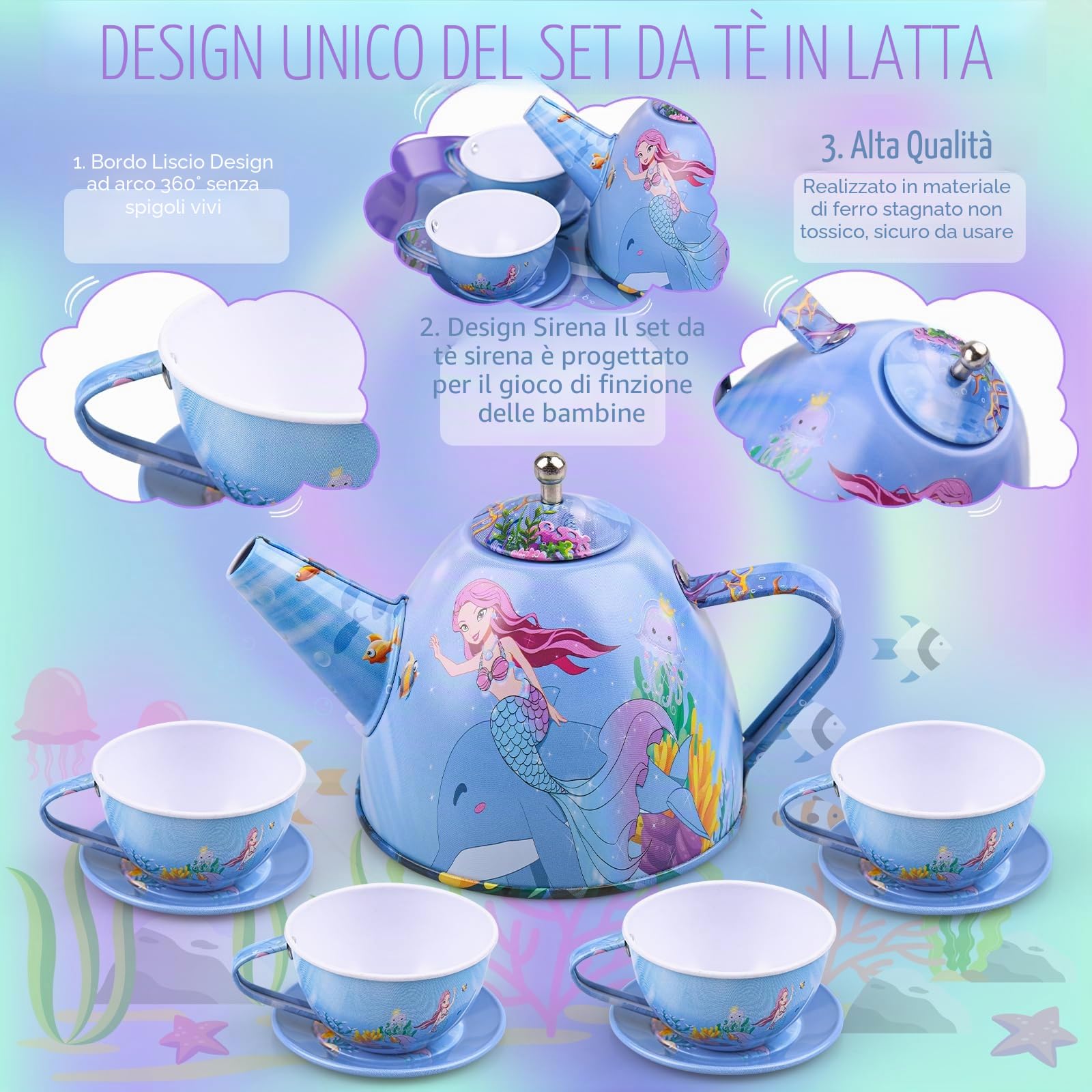 36 PCS Set da Tè Giocattoli per Bambini, Giocattoli Unicorno di Latta Tea Party Finta di Giocare con Dessert Donut, 13 PCS Giocattoli da Dessert Regalo per Bambina (sirena)