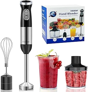 Crystals 1000W Hand Blender, 4-in-1 Stainless Steel Electric Stick Blender, Variable Speed Food Blender with Egg Whisk, 800ml Chopper, 600ml Measuring Cup, Food Processor for Baby Food - BPA Free