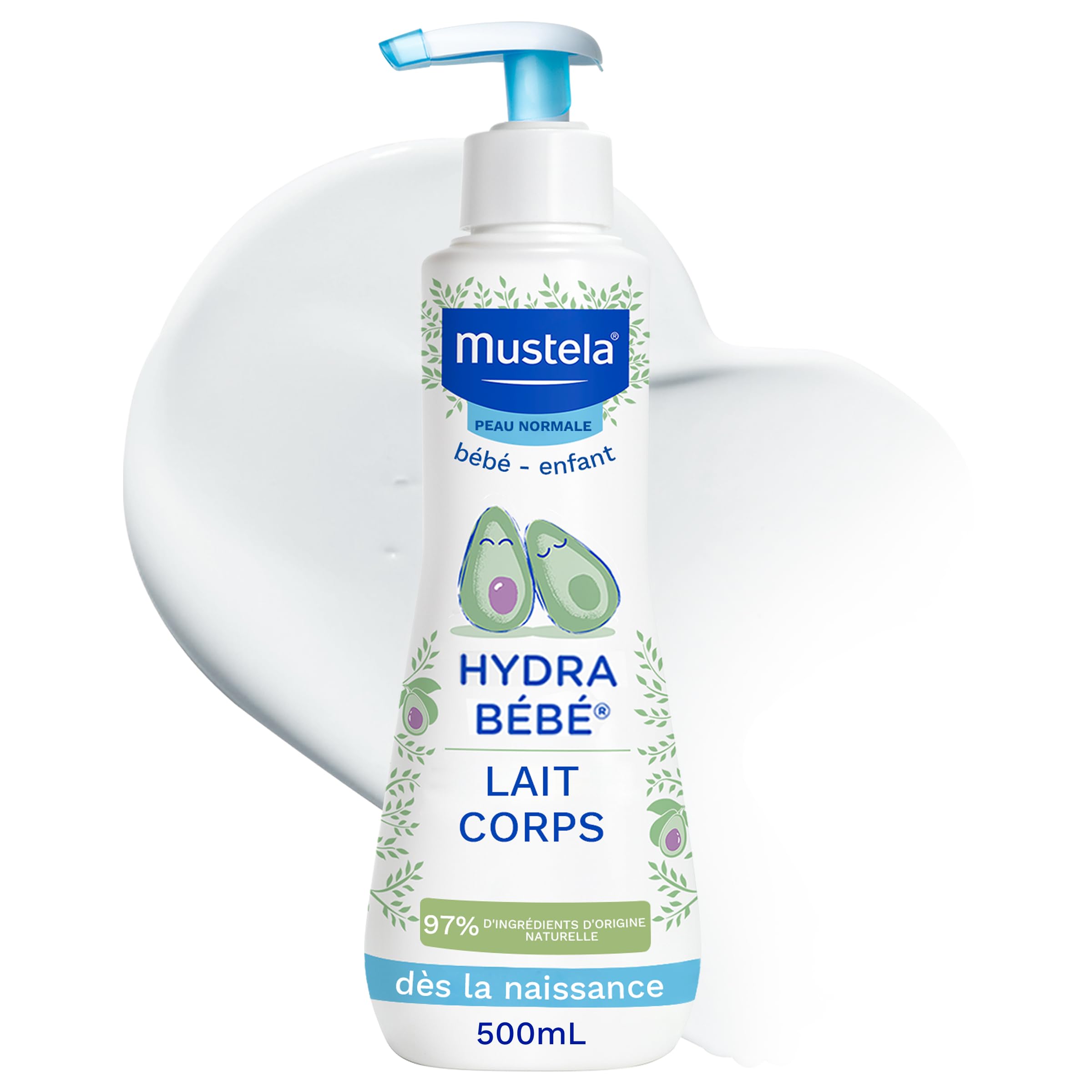 Mustela - Lait corps Hydra Bébé - Soin Fluide Hydratant Enrichi en Avocat BIO - Lait Hydratant Corps - 97% d'Ingrédients d'Origine Naturelle - Produit Bébé Dès la Naissance - Texture Fluide