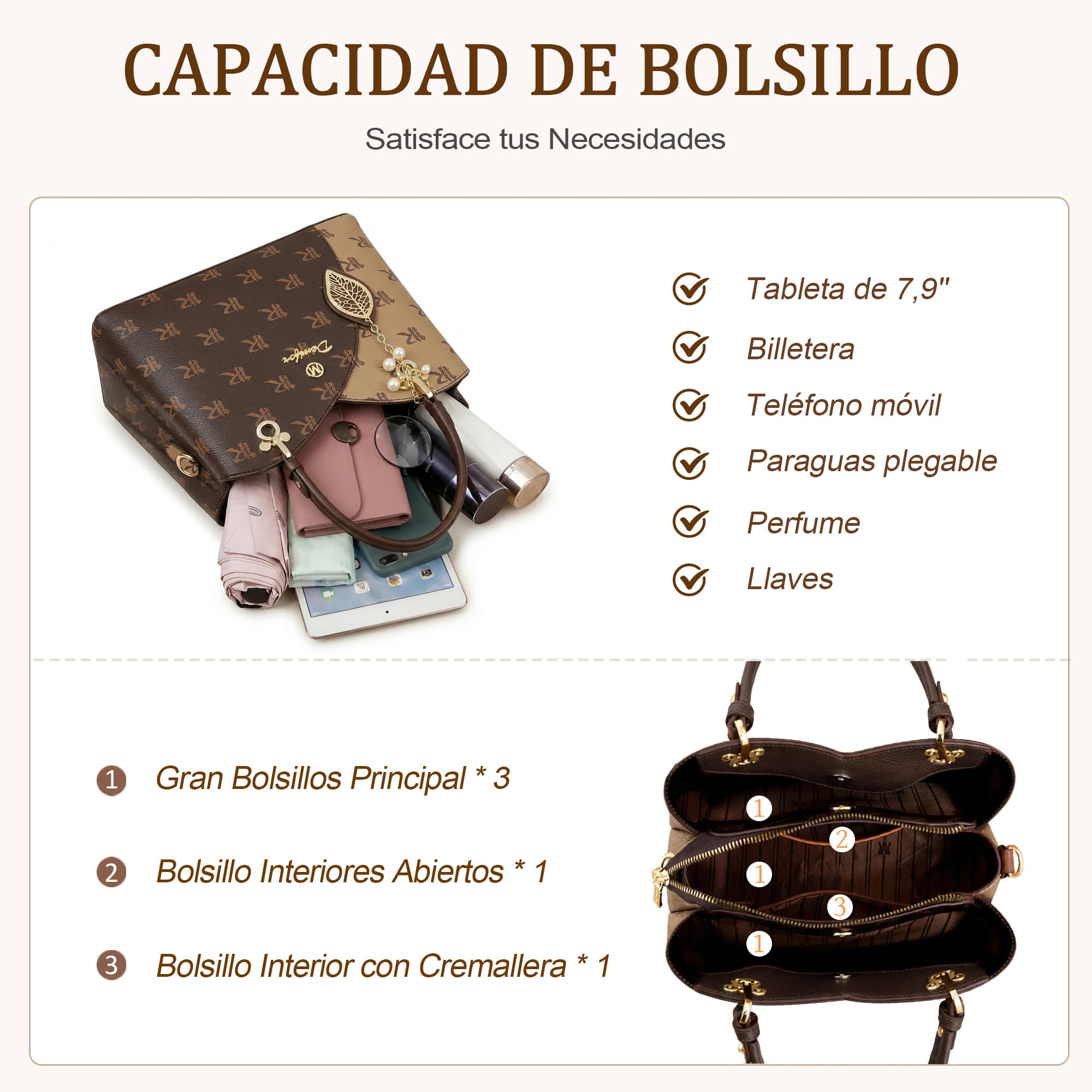 Bolsos Mujer Elegante Imprimir Bolsa de Mano Bolso de Hombro con Delicado Colgante Señora Bolso Bandolera para Compras Trabajar Viajes Cuero PU Marrón C