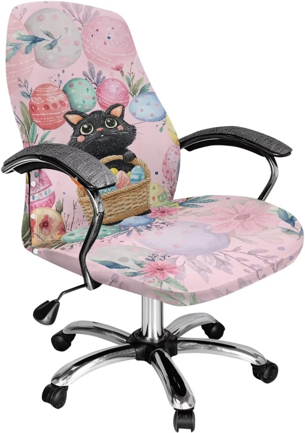 Wanyint Black Cat Easter Eggs Flower Pink Office Chair Cover Executive Computer Chair Cover Stain Resistant High Back Chair Protector for Universal Rotating Chair (NOT Chair), S