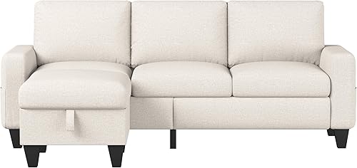 Miniatura 6 de Sofá modular convertible en forma de L, sofás beige para sala de estar con diván reversible, sofás modulares de lino moderno de 3 asientos para sala