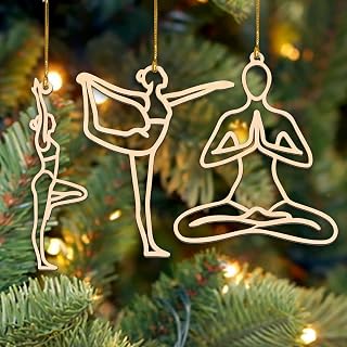 Set of 3 Yoga Girl Ornaments for Christmas Tree, Yoga Pose Xmas Ornament, Female Workout Wooden Ornament, Fitness & Exercise Decoration, Gifts for Yoga Lovers, Instructors, Teachers (Includes Box)